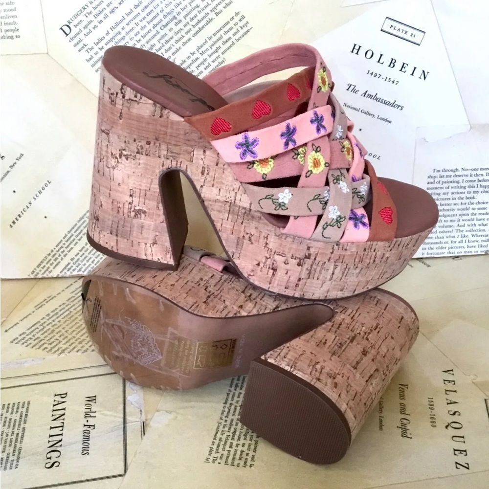 Free People Lisbon Platform Mules Sandal Embroidery Tan Multi Cork - Picture 5 of 10